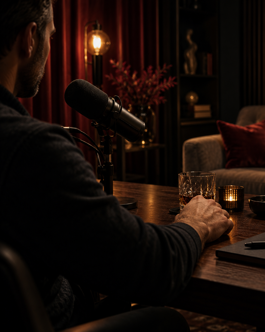 Een warme, intieme podcastsetting met Ares als luisterende host